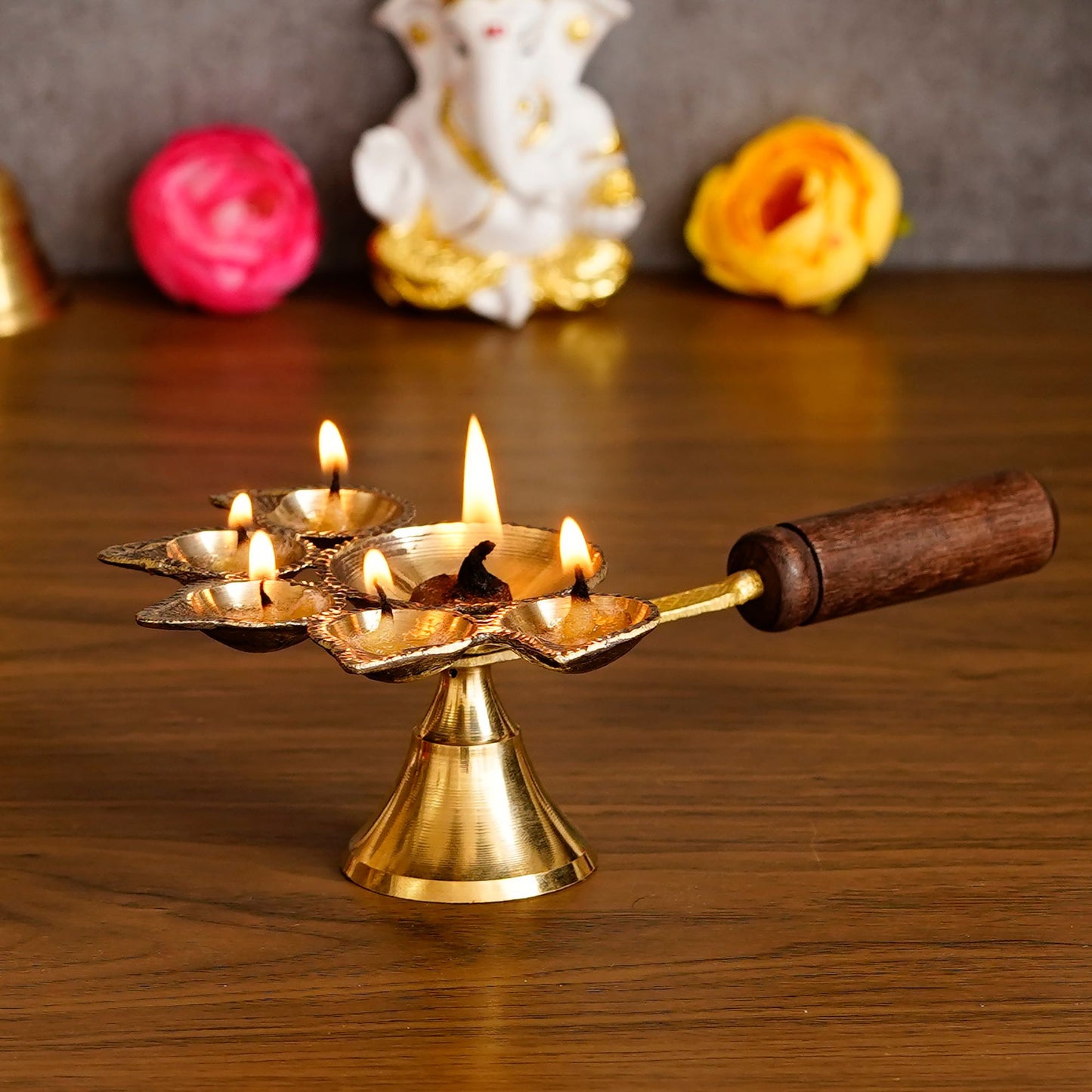 Brass Panchdeep Diya with Wooden Holder – Traditional 5-Wick