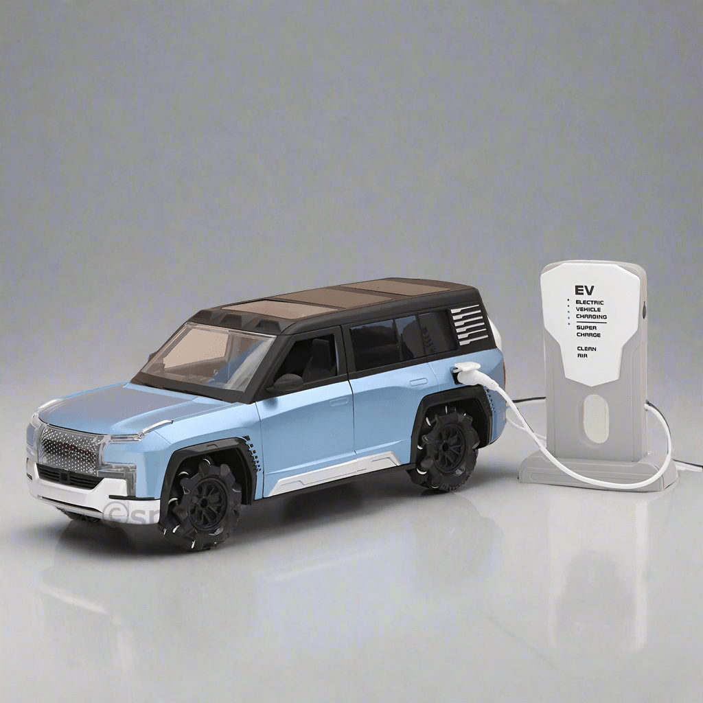 Model of a moka u8 rc car blue electric vehicle charging with a charging station on a gray background