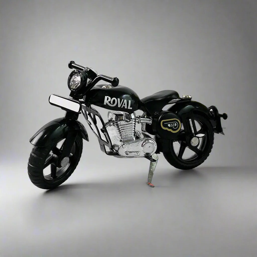 Model motorcycle with 'Royal' branding on a light surface.