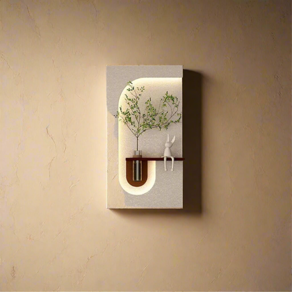 Wooden Half Ellipse Wall Decoration Sandstone Wall Warm Lamp Painting.