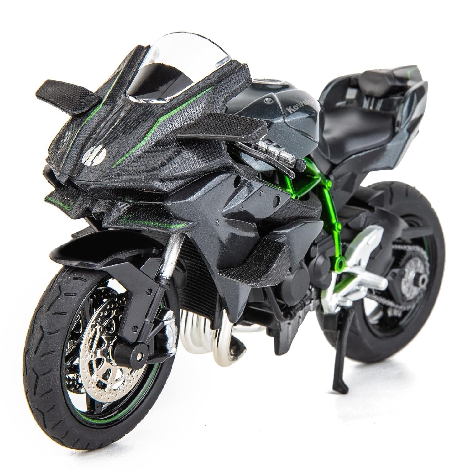 Black motorcycle model with green accents on a white background