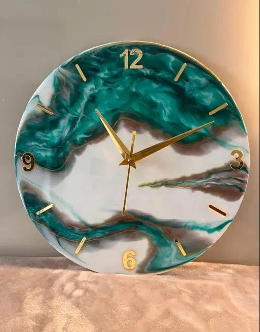 Luxury Wall Clock with Green Marble Design – 12-Inch Round - Mulmil