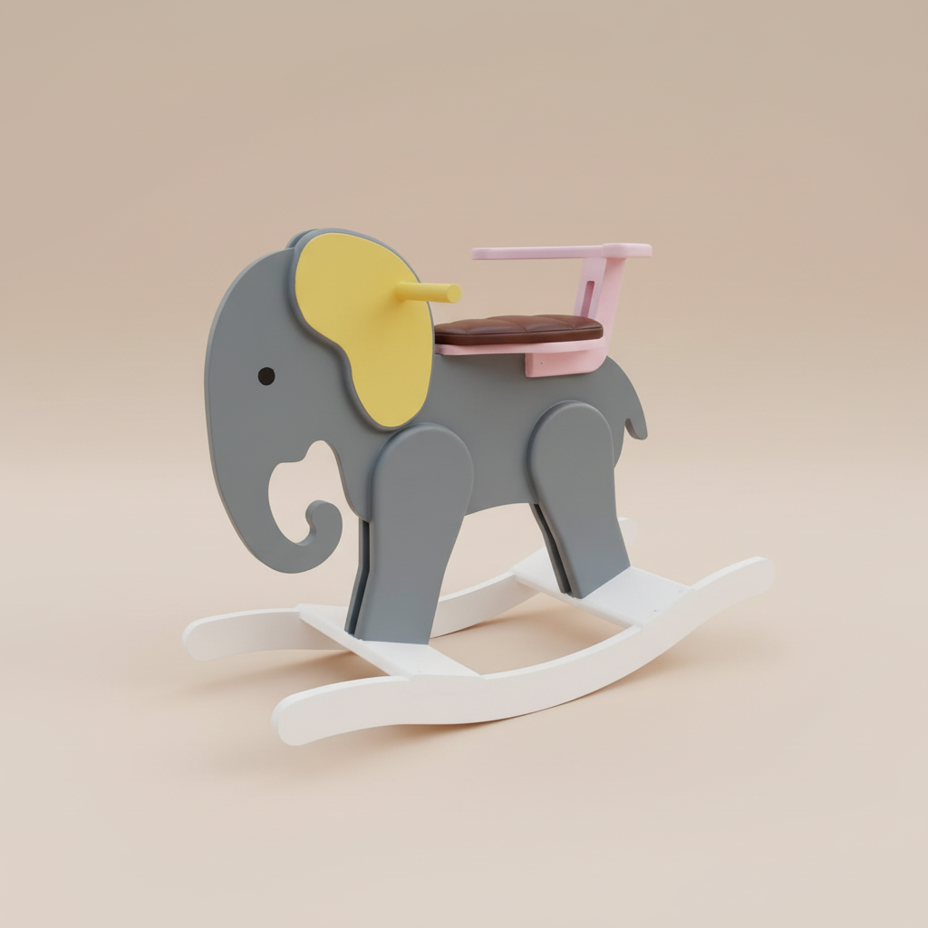 Yellow Pink Rocking Elephant with Leather Seat