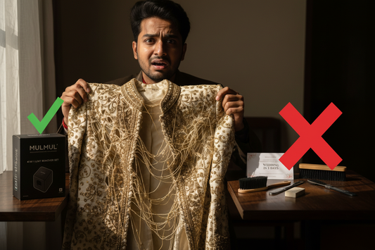 Manual Lint Remover ₹2,500 बर्बाद - शादी की Sherwani खराब! Mulmil 4-in-1 ही काम करता है