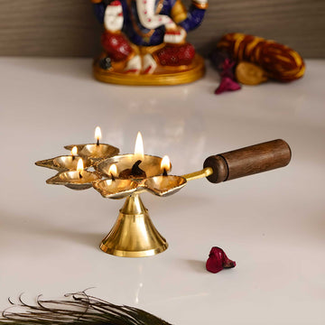 Brass Panchdeep Diya with Wooden Holder – Traditional 5-Wick