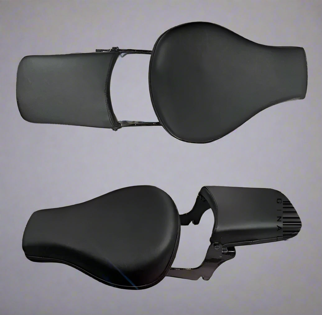 Black folding seat for Royal Enfield bikes on a beige background with text.