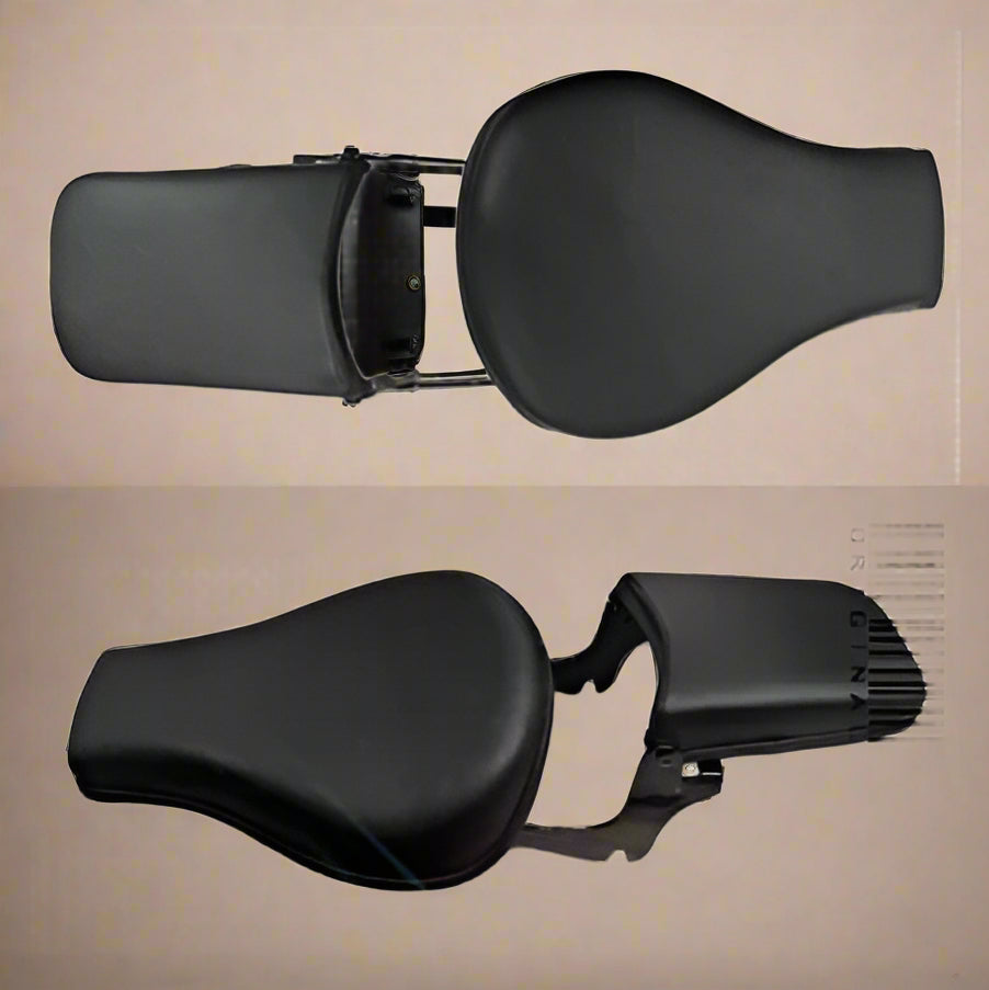 Black motorcycle folding seat with text indicating compatibility for Royal Enfield models on a beige background.