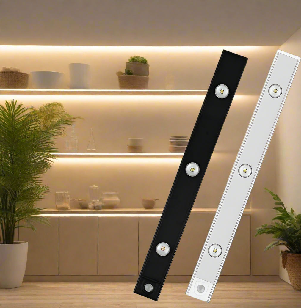 LED strip lights with a warm glow, shown in a closet setting.