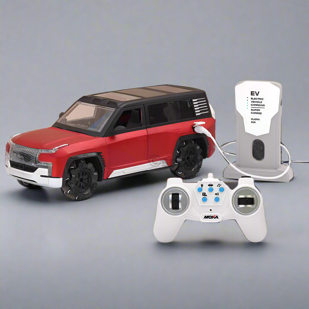 Red toy SUV with solar panel and remote control on a beige background Moka u8 Rc Car toy