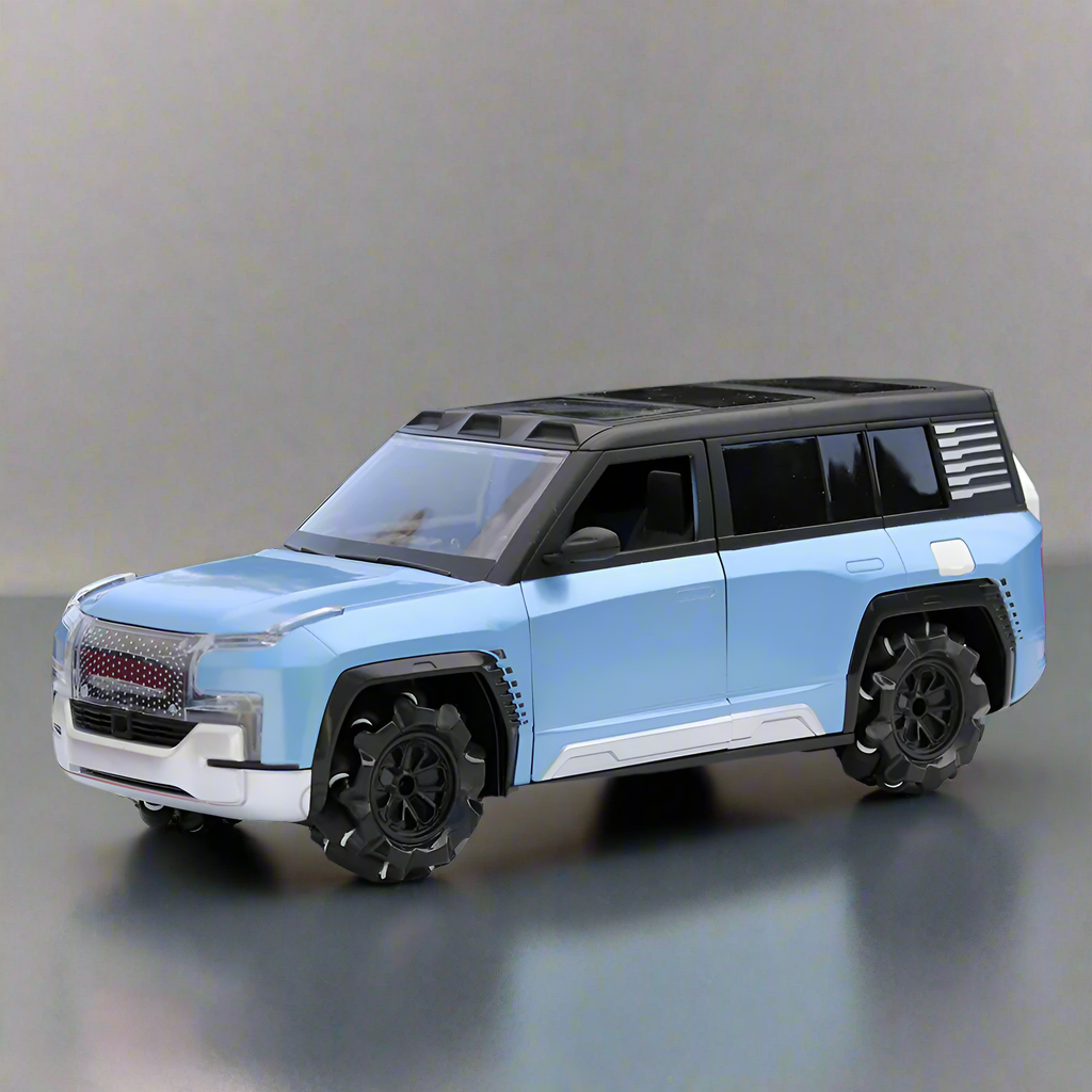 Toy SUV model on a white surface with blurred greenery in the background Moka u8 RC car