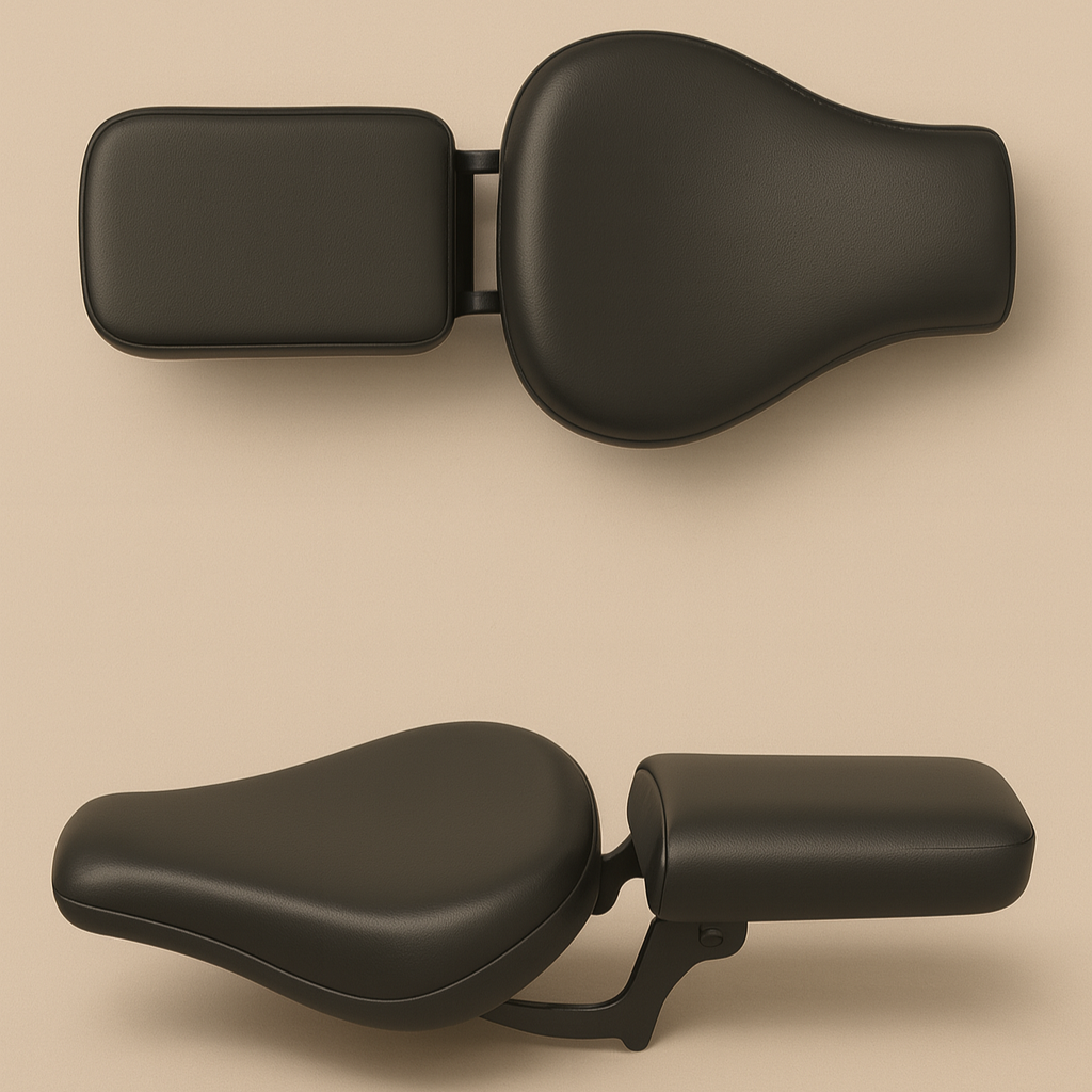 Two motorcycle seats, one folded and one extended, on a beige background with 'Bullet Foldable Seat' text.