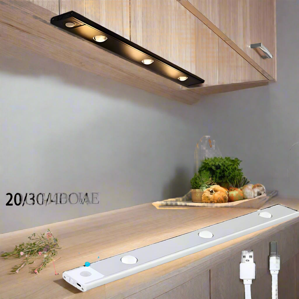 Under-cabinet LED light strip with USB cable on a kitchen counter.