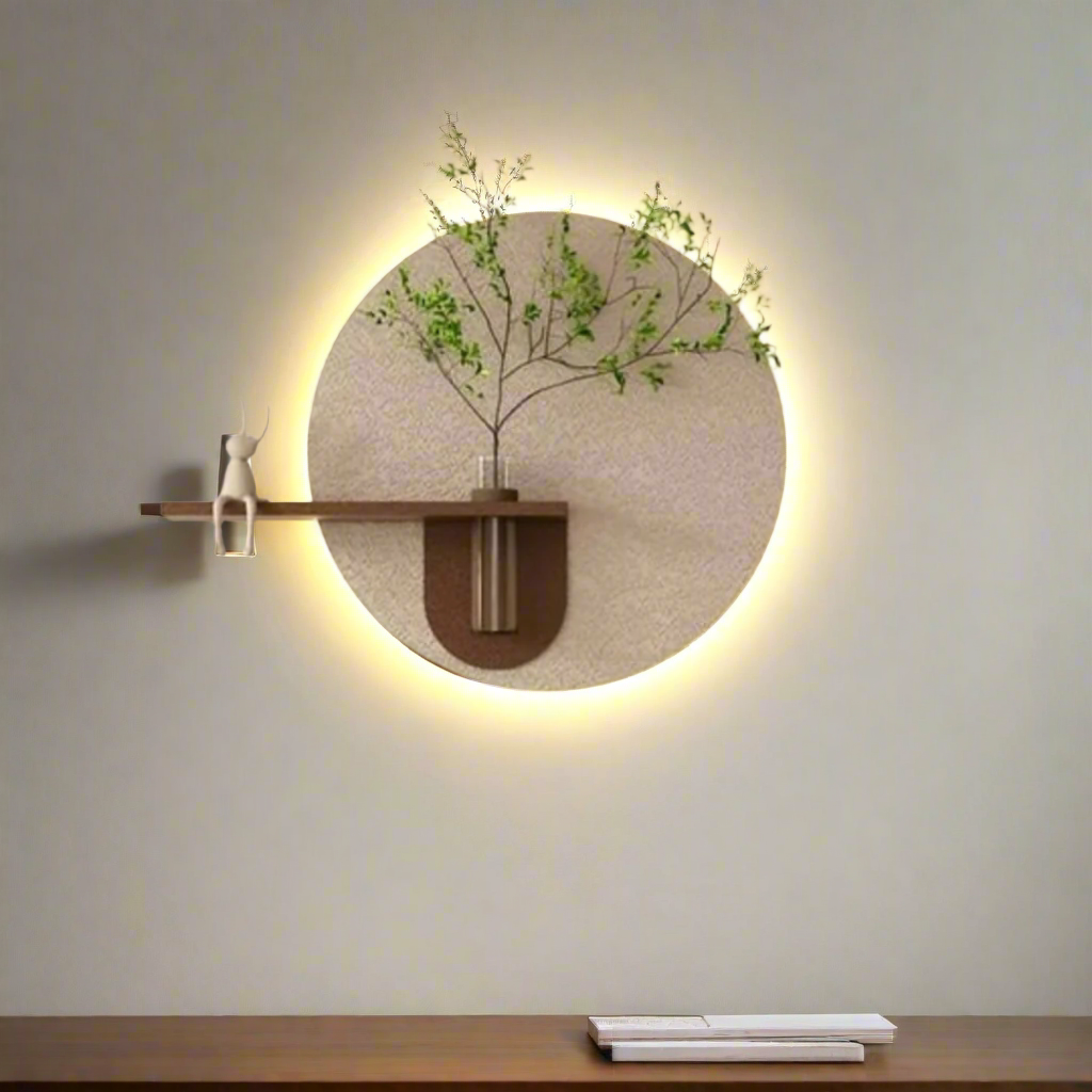 Wooden Circular Wall Decoration Lamp Painting.