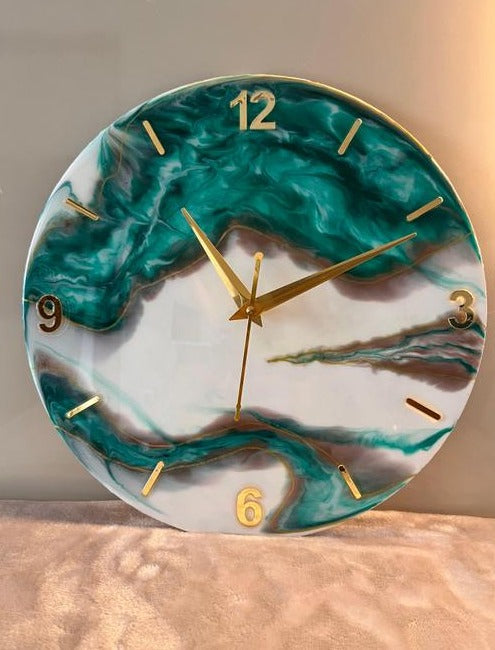 Luxury Wall Clock with Green Marble Design – 12-Inch Round
