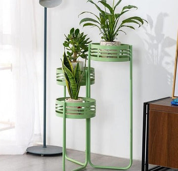 Corner Shelf with Carved Pots – Foldable Metal Plant Stand for Indoor Decor