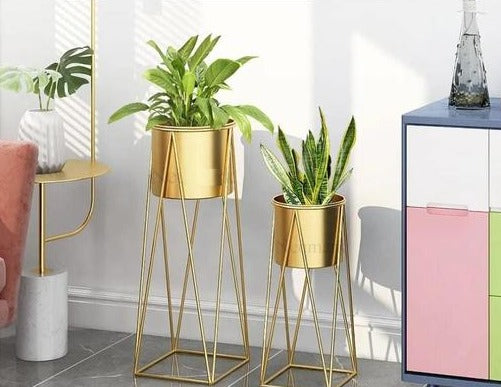 Indoor Plant Stand with Planter Pot (Gold) -Set of 2