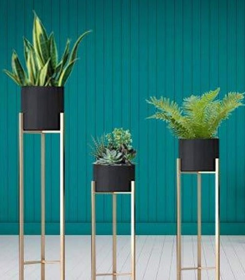 Metal Indoor Floor Plant Stand with Planter- (Set of 3)